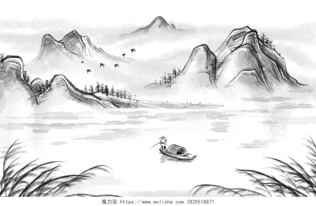 中国山水画 古风山水插画 简易水墨画 PNG素材古风中国风唯美山水风景
